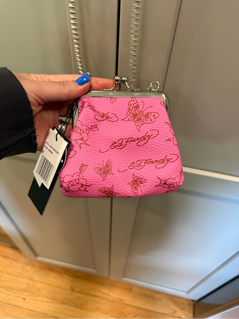 Ed Hardy Pink Floral Tiger Kiss-Lock Mini Chain Crossbody - Picture 4 of 7
